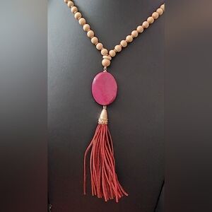 Boho STONE  WOOD BEAD dangle EXTRA LONG Necklace MIXED METALS TASSLE